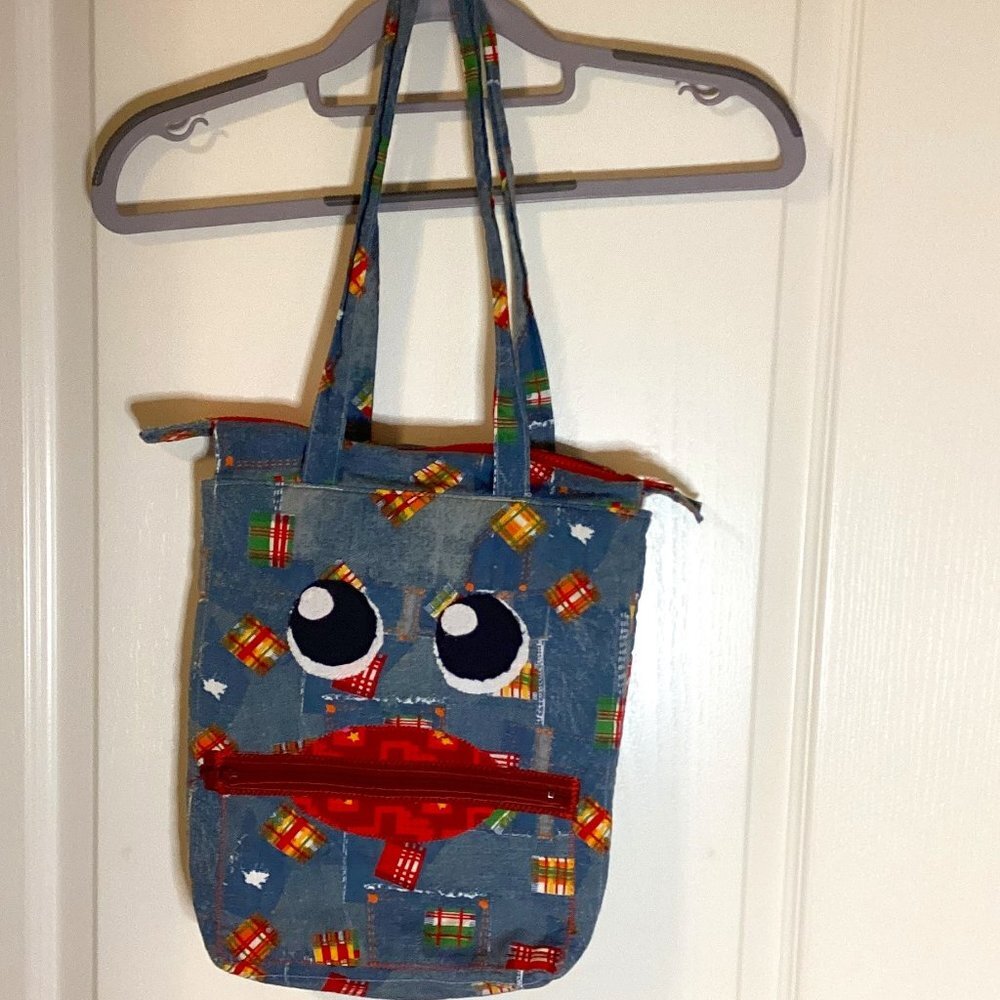 Handmade Small Denim Tote Shoulder Bag With Funny Face Cute Core Hippie Y2K